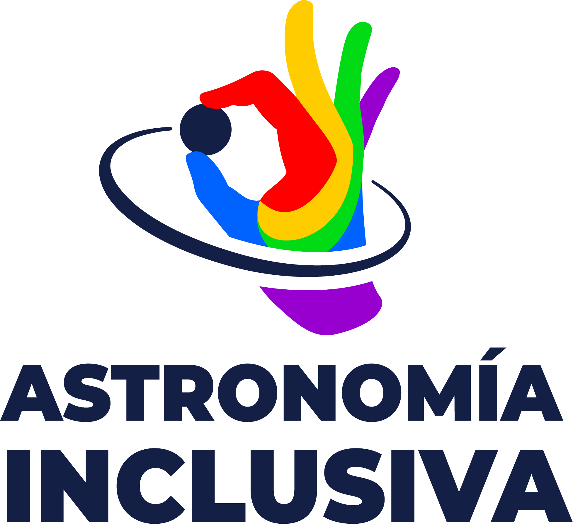 Logo del Grupo de Astronomía inclusiva. Es una mano multicolor, que con el pulgary el dedo índice parece estar tomando una esfera negra, la que tiene parece haber dejado una estela como anillo alrededor de esta mano que la toma. 