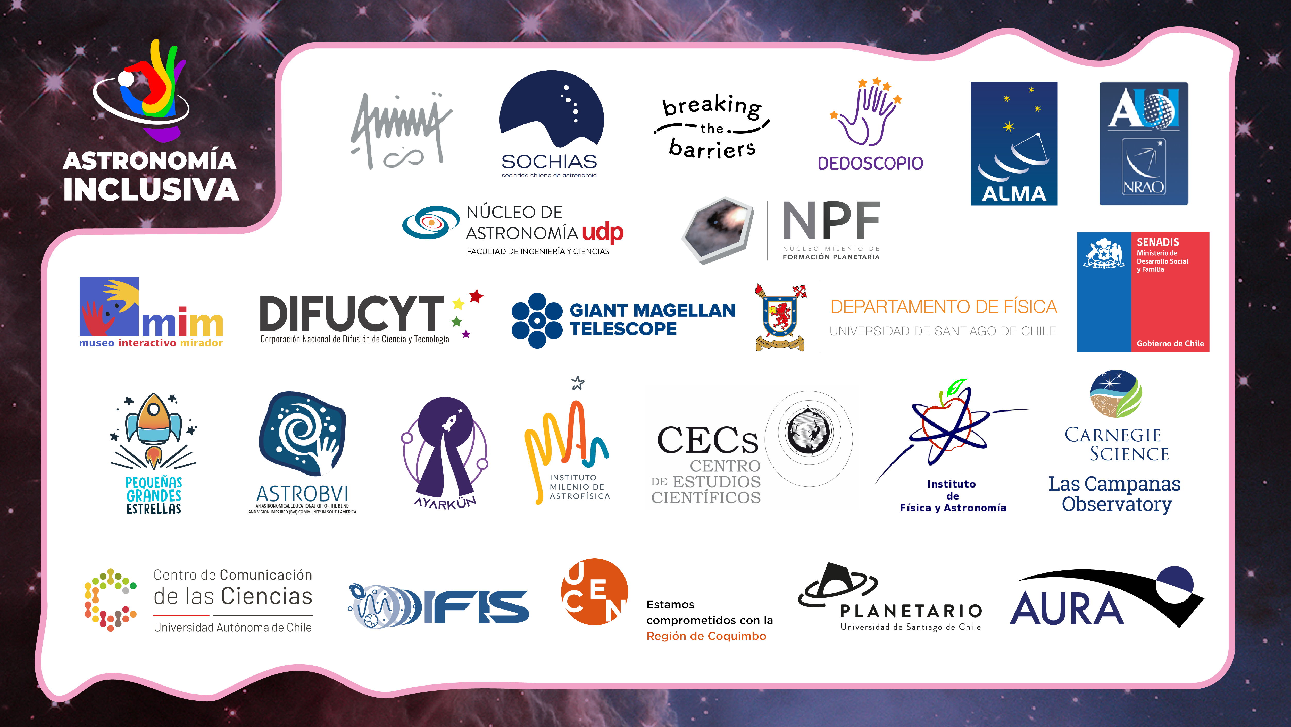 Imagen que muestra los logos de las instituciones que apoyaron la realización de la serie "Historias de Astronomía Inclusiva"